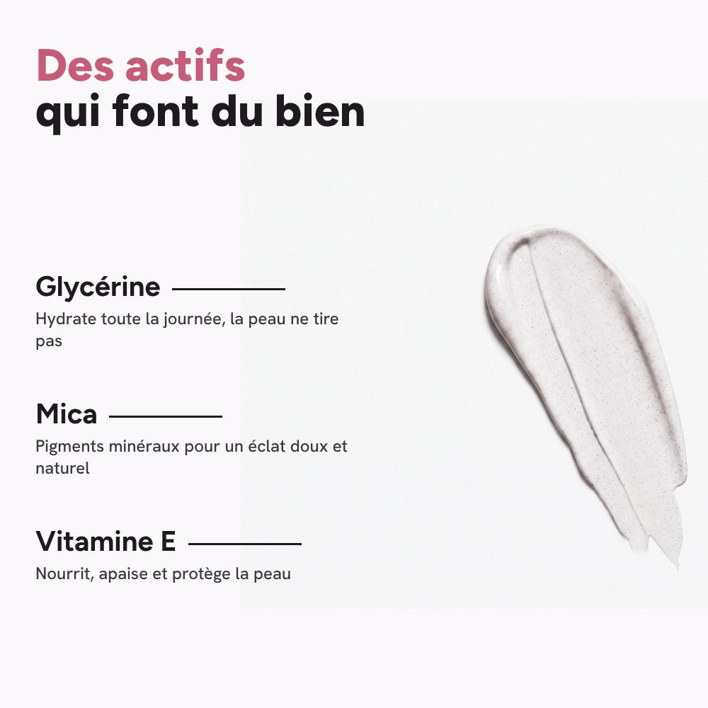 Des actifs qui font du bien : glycérine, mica, vitamine E